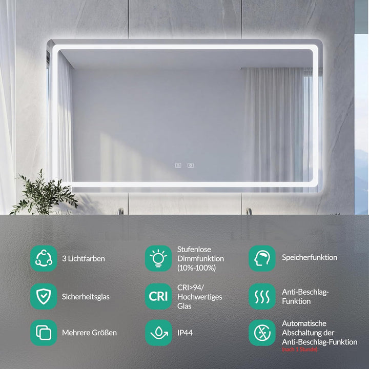 Badspiegel mit Beleuchtung - Wandspiegel mit 3 Farben & Dimmbare Helligkeit, Touch-Schalter mit Anti