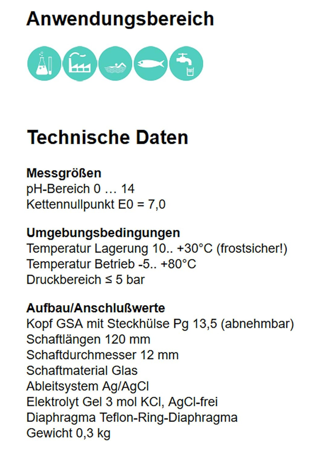 pH Elektrode/Sensor mit Teflon-Ring-Diaphragma, Gel-Füllung, Industriequalität, Made in Germany
