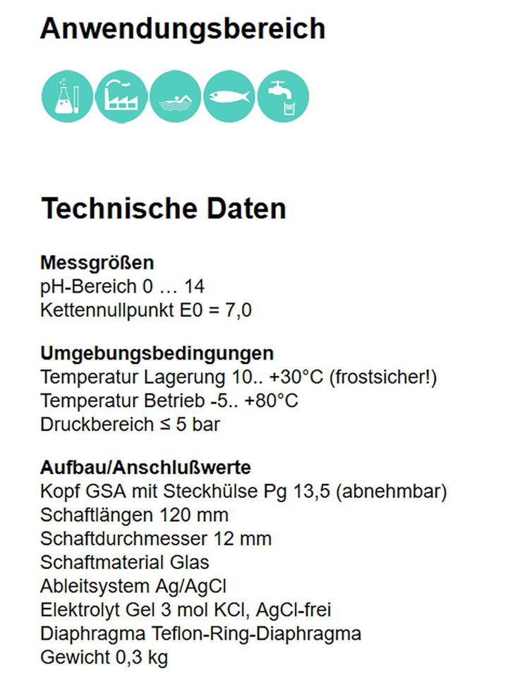 pH Elektrode/Sensor mit Teflon-Ring-Diaphragma, Gel-Füllung, Industriequalität, Made in Germany