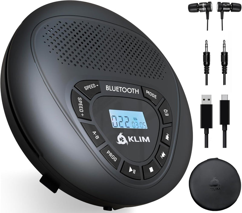 KLIM Speaker + CD Player mit Lautsprecher + Bluetooth + Wiederaufladbarer Akku + Tragbarer CD-Spiele