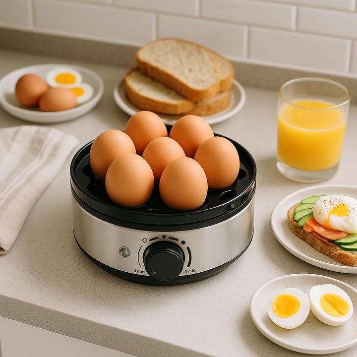 alpina Eierkocher 400W – Egg Cooker für 7 Eier – Eier Kocher mit Zeitschaltuhr und Messbecher – Edel