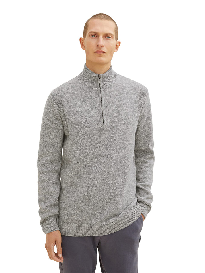 TOM TAILOR Herren Troyer Strickpullover in Melange-Optik M 31010 - Grey White Injected Melange, M 31