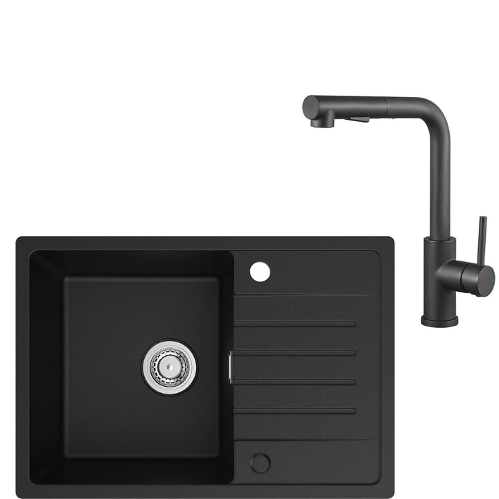 CECIPA 65 x 45 cm schwarzes Waschbecken mit L ausziehbarem Wasserhahn, Küchenspüle mit Granitabtropf