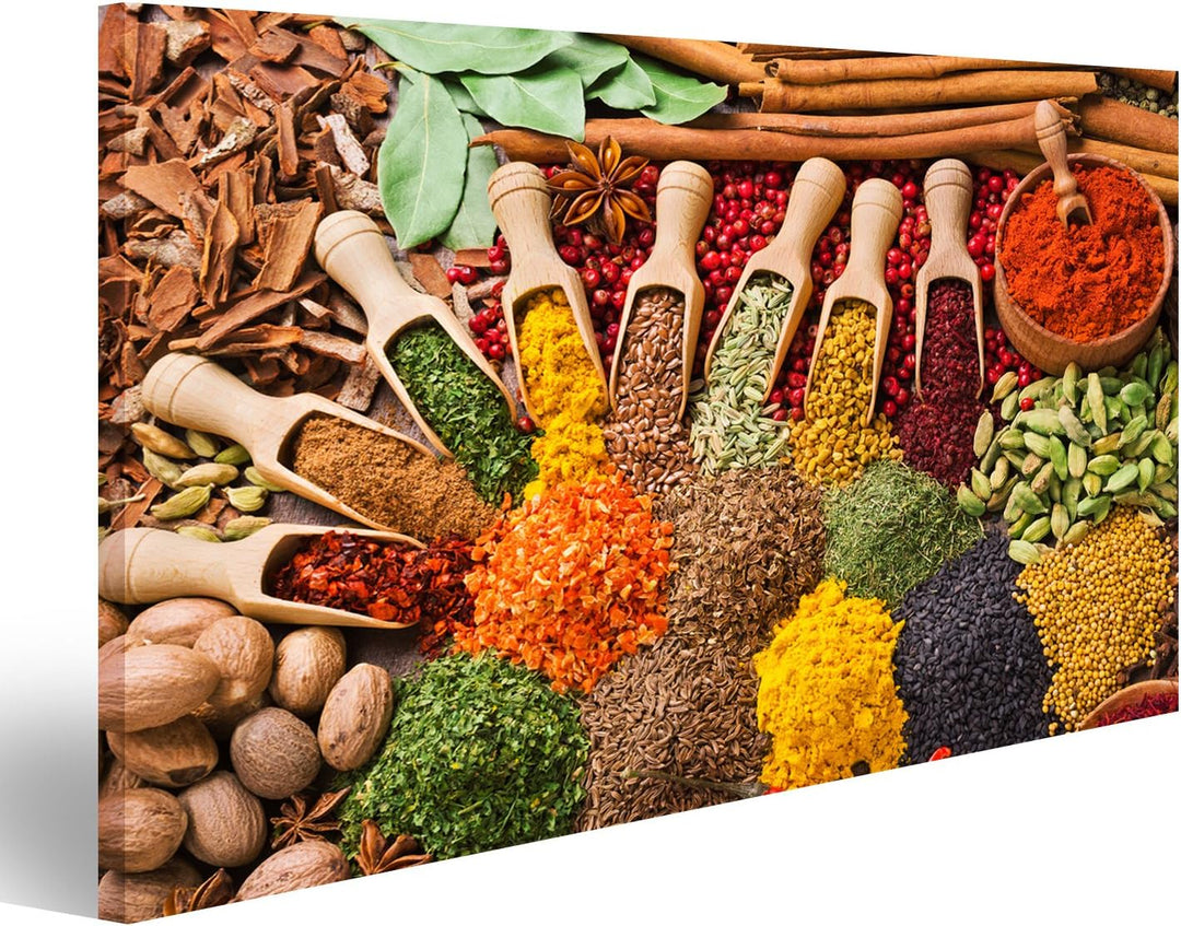 islandburner Bild auf Leinwand Komposition Verschiedene Gewürze Kräuter Bunt Für Küche Bilder Wandbi