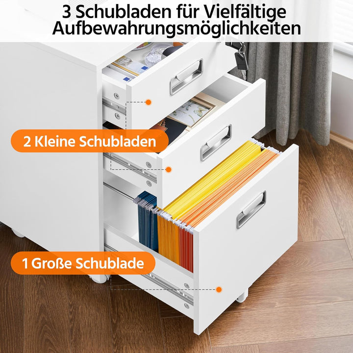 Yaheetech Rollcontainer Aktenschrank mit 3 Schubladen und Hängeregistratur Mobiler Büroschrank für A