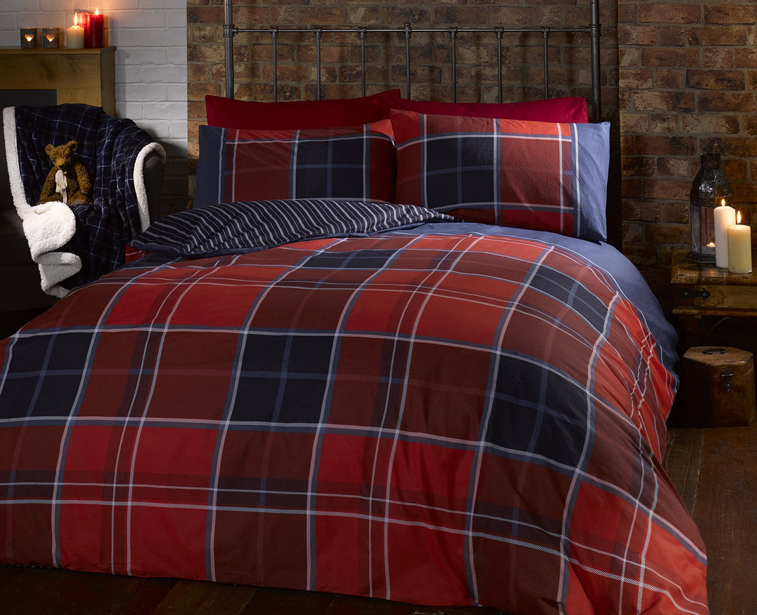 Argyle King Size Bettbezug und 2 Kissenbezüge, wendbares Bettwäsche-Set, kariert, Rot Rot King Size,