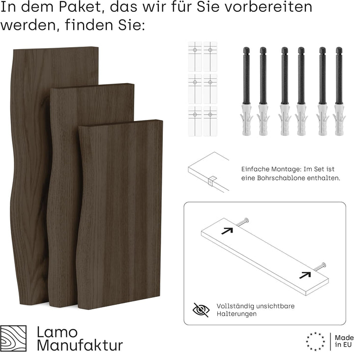 LAMO Manufaktur 3 Stück Wandregal aus Holz mit unsichtbarer Befestigung 40/35/30cm | Wandregal aus 1