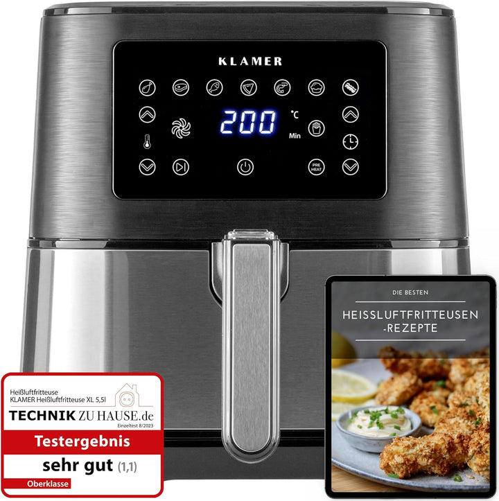 KLAMER Heissluftfritteuse XL 5,5l, Multifunktionale Heissluftfritteuse, ölfreie Fritteuse, 1700W Air