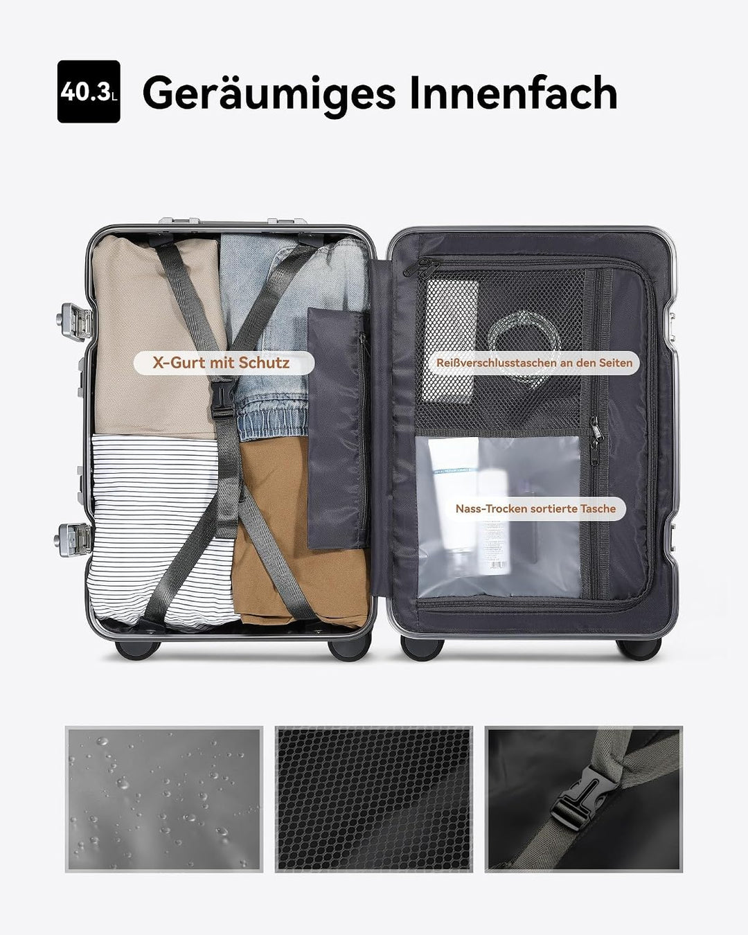 LUGGEX Aluminium Koffer Handgepäck, 100% Alu Koffer Trolleys ohne Reissverschluss, Hartschalekoffer