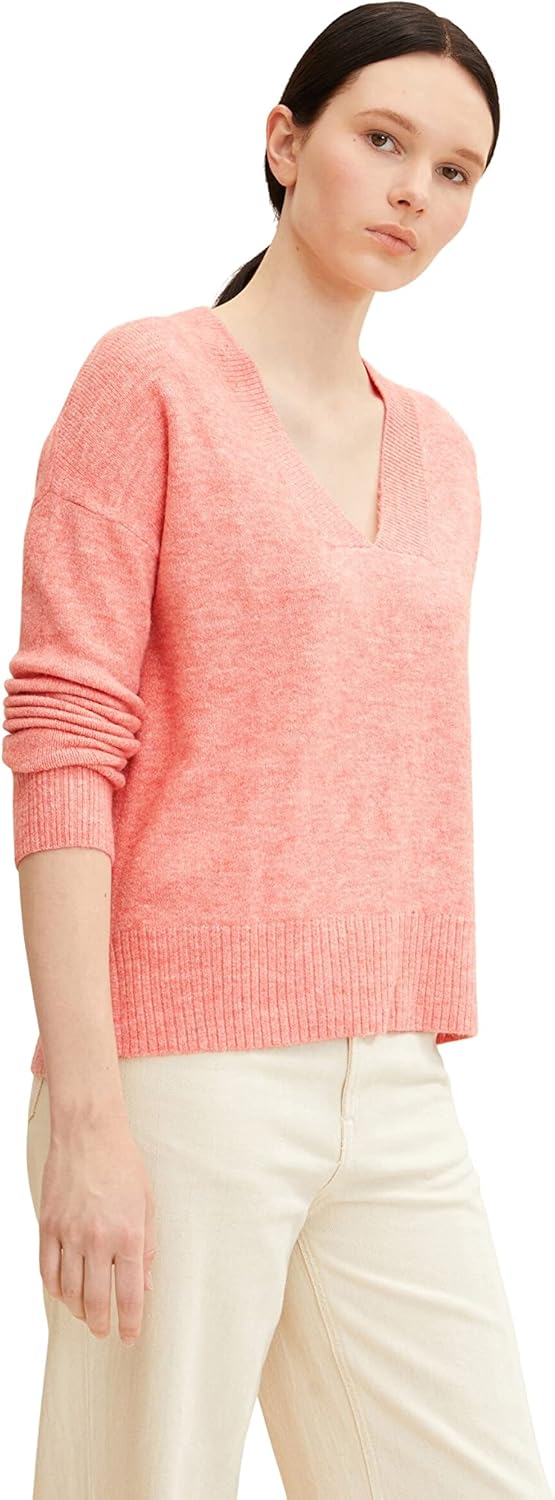 TOM TAILOR Denim Damen Basic Pullover mit V-Ausschnitt XS 30562 - Peach Pink Melange, XS 30562 - Pea