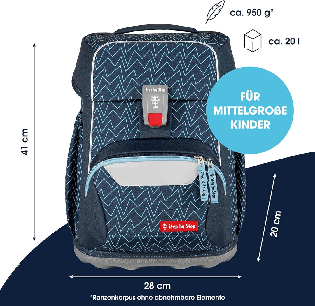 Step by Step Basis Schulranzen-Set „Blue Lines“, 4-teilig, blau, ergonomischer Tornister mit Reflekt