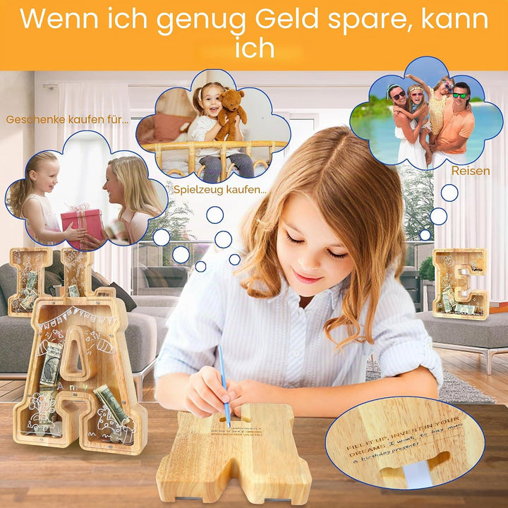 Lakpopya Spardose Buchstaben aus Holz für Kinder Erwachsene Gross A-Z Personalisiert Sparschwein mit