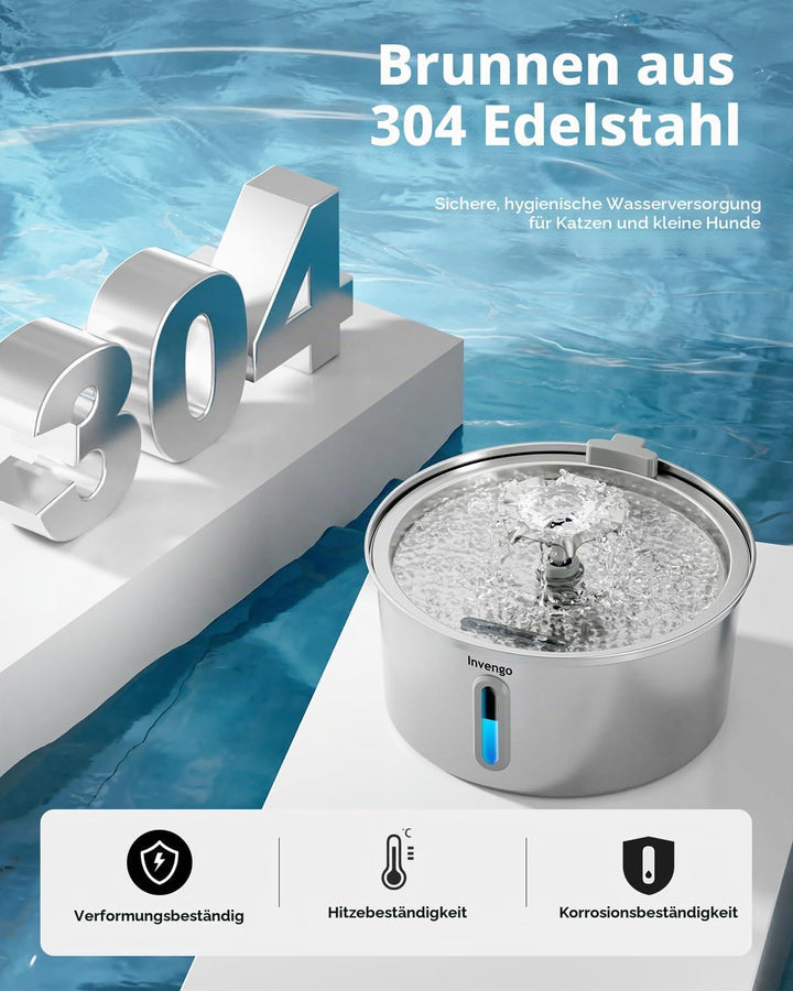 Katzenbrunnen Edelstahl, 3.2L Trinkbrunnen für Katze mit Blumenfontäne, LED-Anzeige, Wasserstandsanz