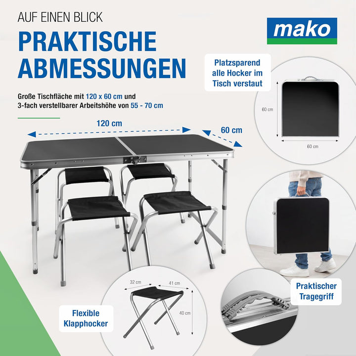 Faltbarer Campingtisch mit Klappfunktion – Stabiler Alu-Klapptisch mit 4 mm MDF-Platte – Höhenverste