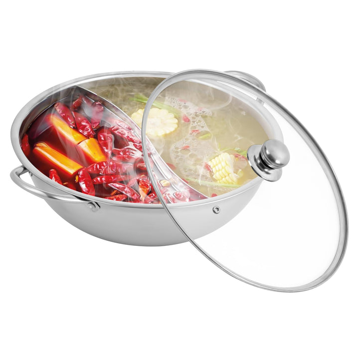 TONFEION Hot Pot Topf Dualer Hotpot heisser Topf Edelstahl mit Glasdeckel und Unterteilungen, Doppel