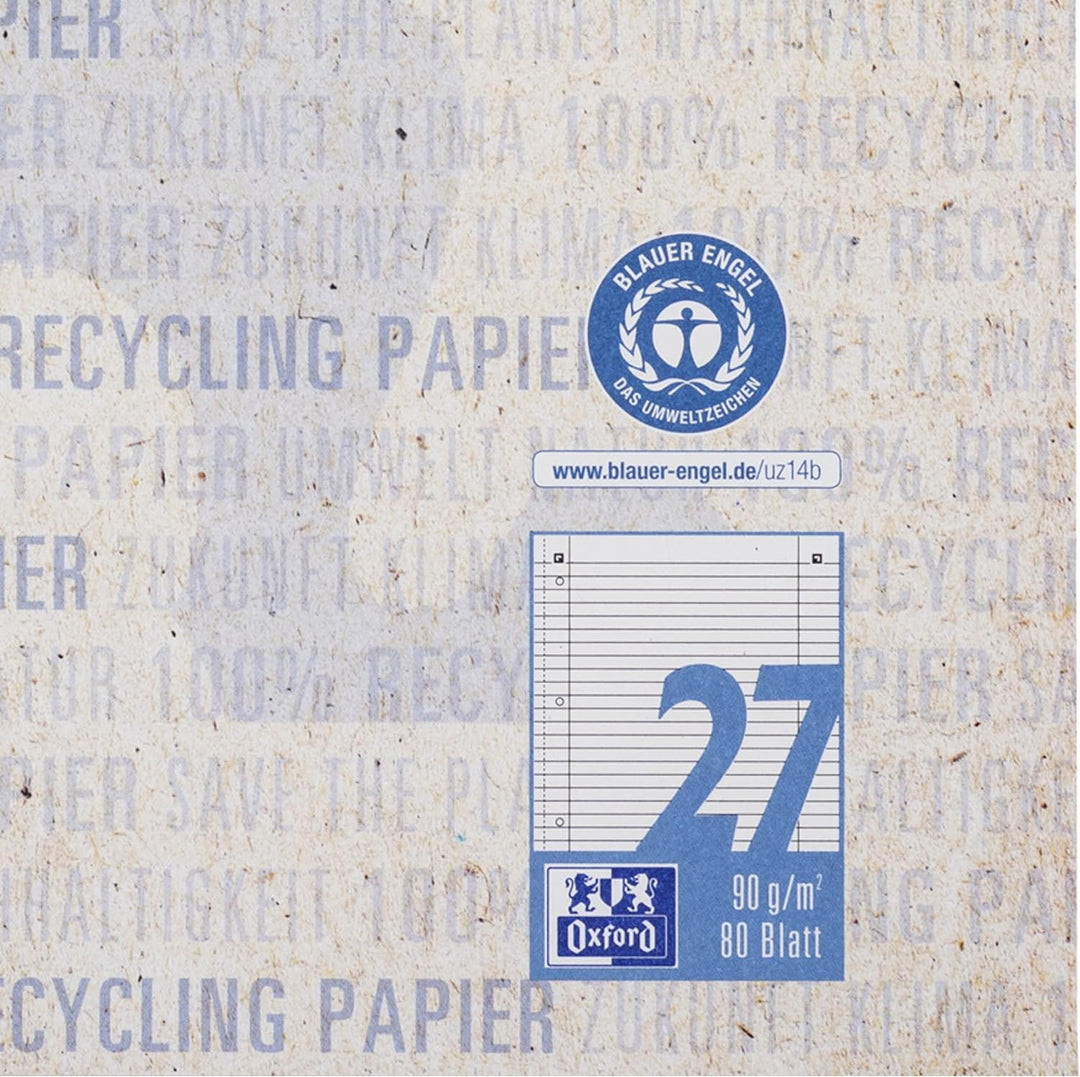 Oxford Recycling Collegeblock A4 liniert mit Doppelrand, 80 Blatt, 10 Stück, A4 liniert mit Doppelra