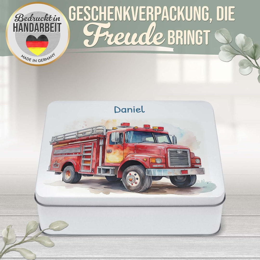 Print Royal PR Erinnerungsbox für Kinder mit Name - Feuerwehr - Blechdose bedrucken, Geschenkdose -