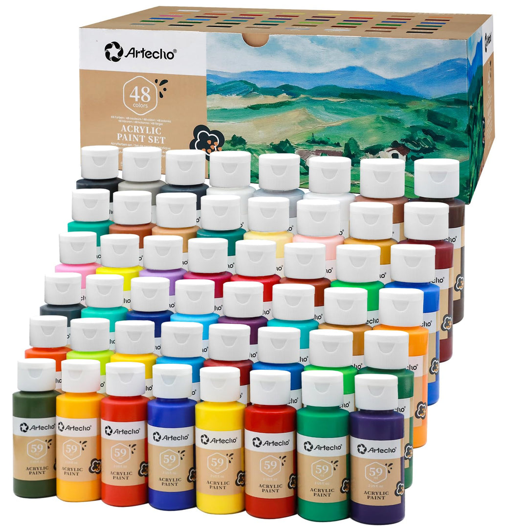 Artecho Acrylfarben Set 48x59 ml, Acrylic Paint Set, Wasserfest und Lichtecht, Schnell Trocknend, id
