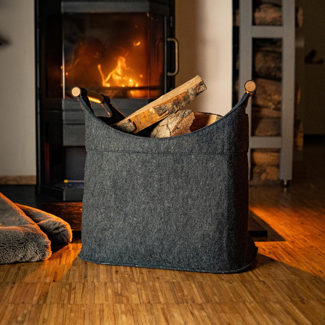 Filz Holzkorb für Kaminholz Gross [40 L] mit Echtholzhenkeln (Eiche) Plegeleichter Boden - Made in G