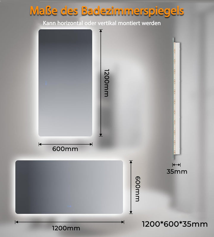 SVNR Badezimmerspiegel - 120 x 60cm LED-Kosmetikspiegel mit 4mm Kupferfreiem Glas, Aluminiumrahmen,