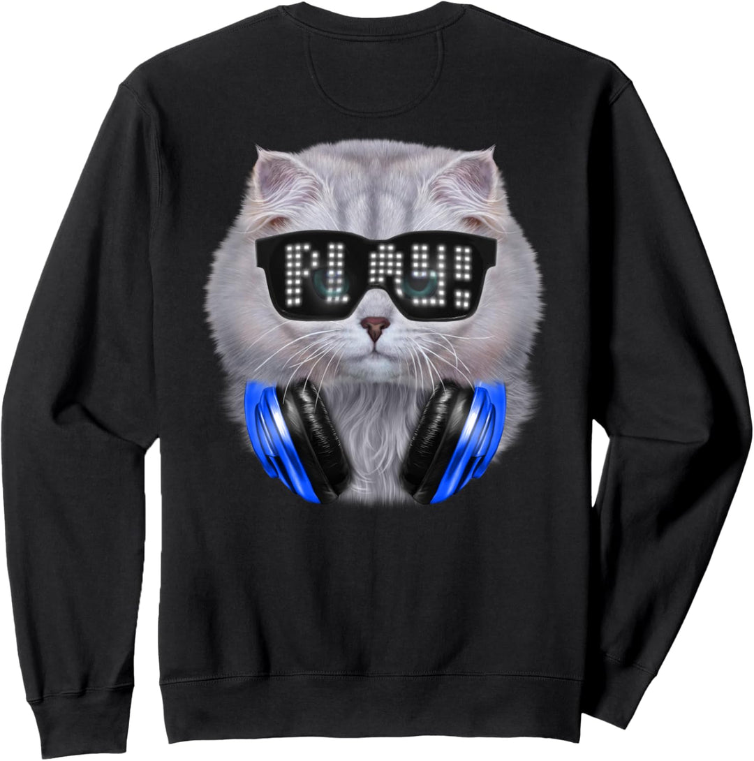 Weisse Katze, die Hipster-Sonnenbrille und Kopfhörer trägt Sweatshirt