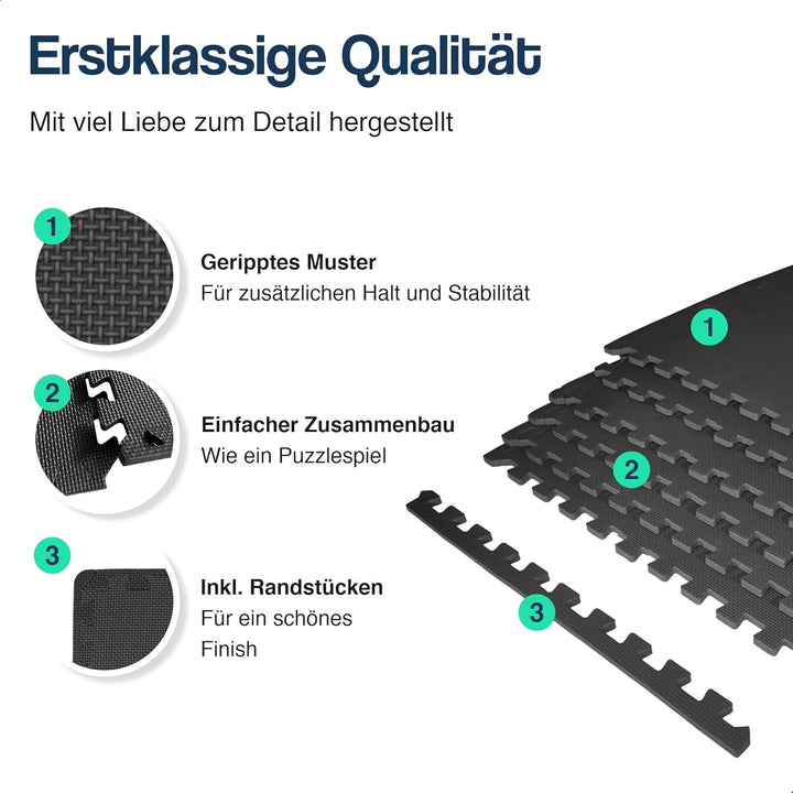 Hulser Fitness Puzzlematte - 60 x 60 x 1,2 cm - 6 Stück - 2,16 m2 - Bodenschutzmatten für Sporträume