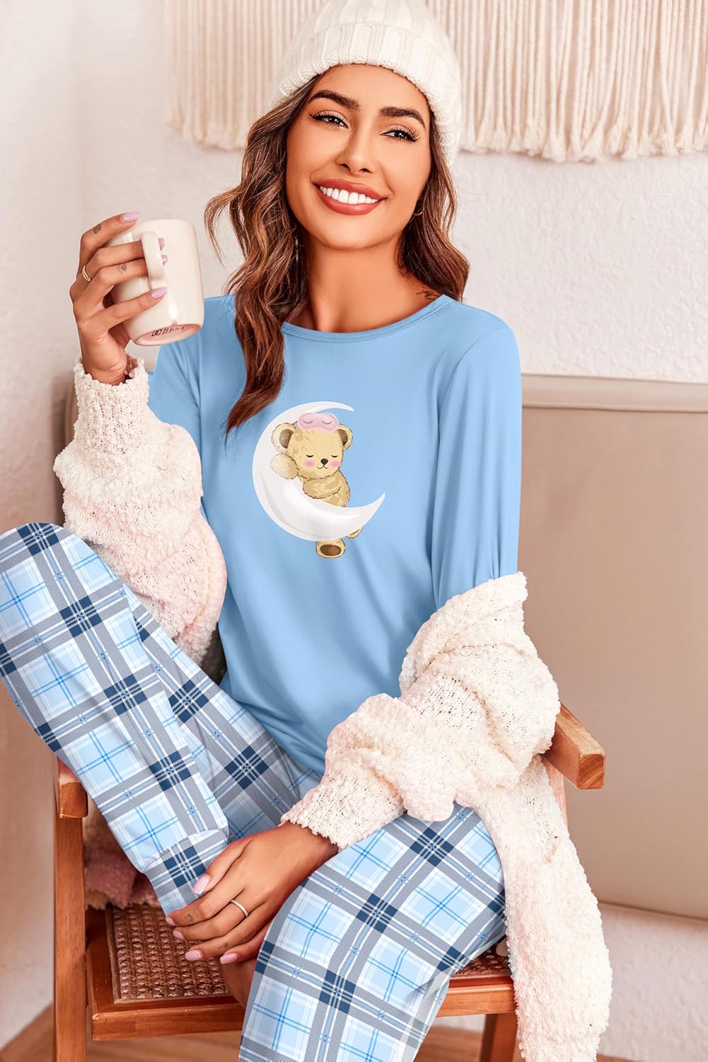 Ekouaer Schlafanzug Damen Lang Kuschelig Pyjama Set mit Bündchen Kariert Pyjamahose mit Tasche Blaue