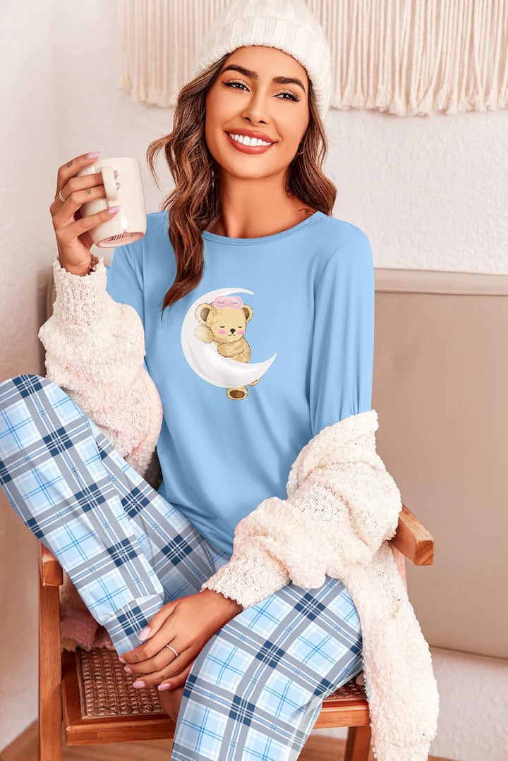 Ekouaer Schlafanzug Damen Lang Kuschelig Pyjama Set mit Bündchen Kariert Pyjamahose mit Tasche Blaue