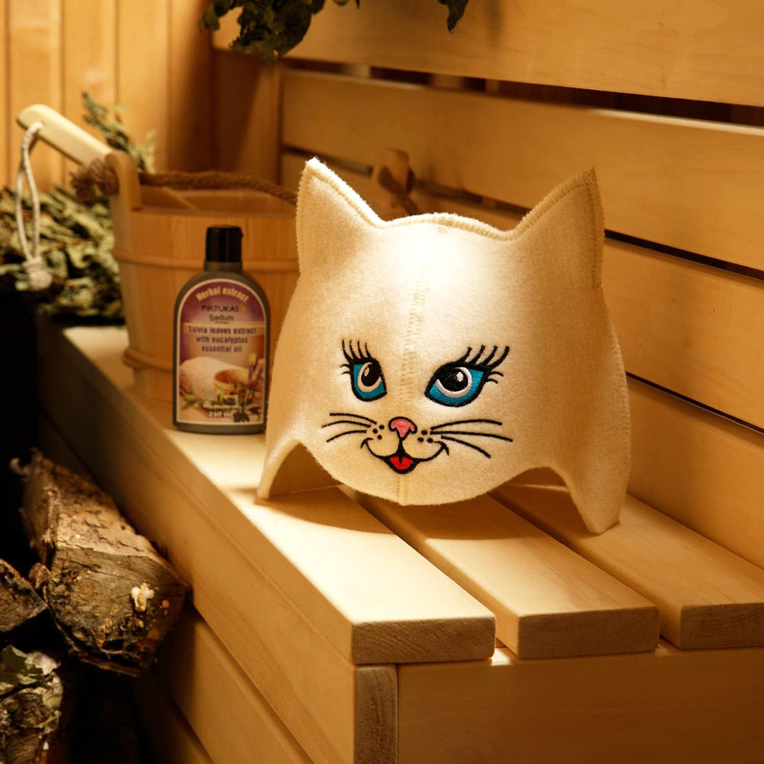 Saunahut für Damen und Herren aus Filz - Sauna Kitten Cat – Weiss Saunahut für Herren und Damen aus