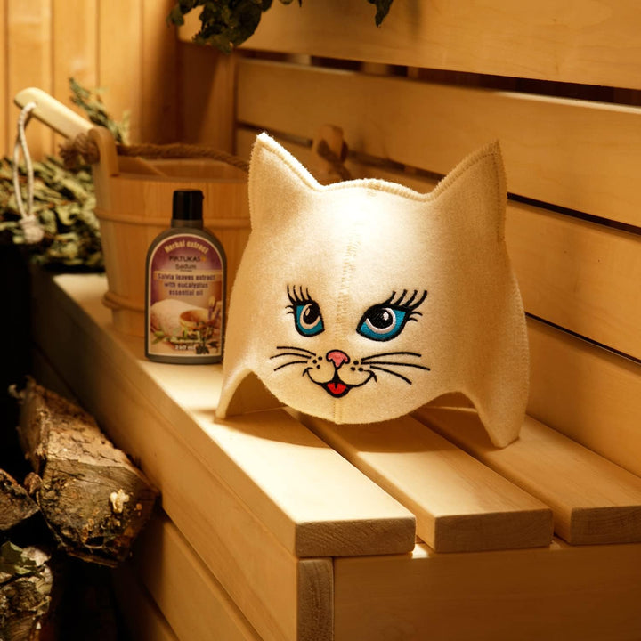 Saunahut für Damen und Herren aus Filz - Sauna Kitten Cat – Weiss Saunahut für Herren und Damen aus