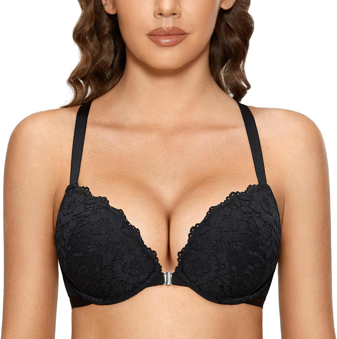 DOBREVA Damen Vorderverschluss BH mit Bügel Push Up Spitzen Neckholder BHS Racerback Tiefer Ausschni