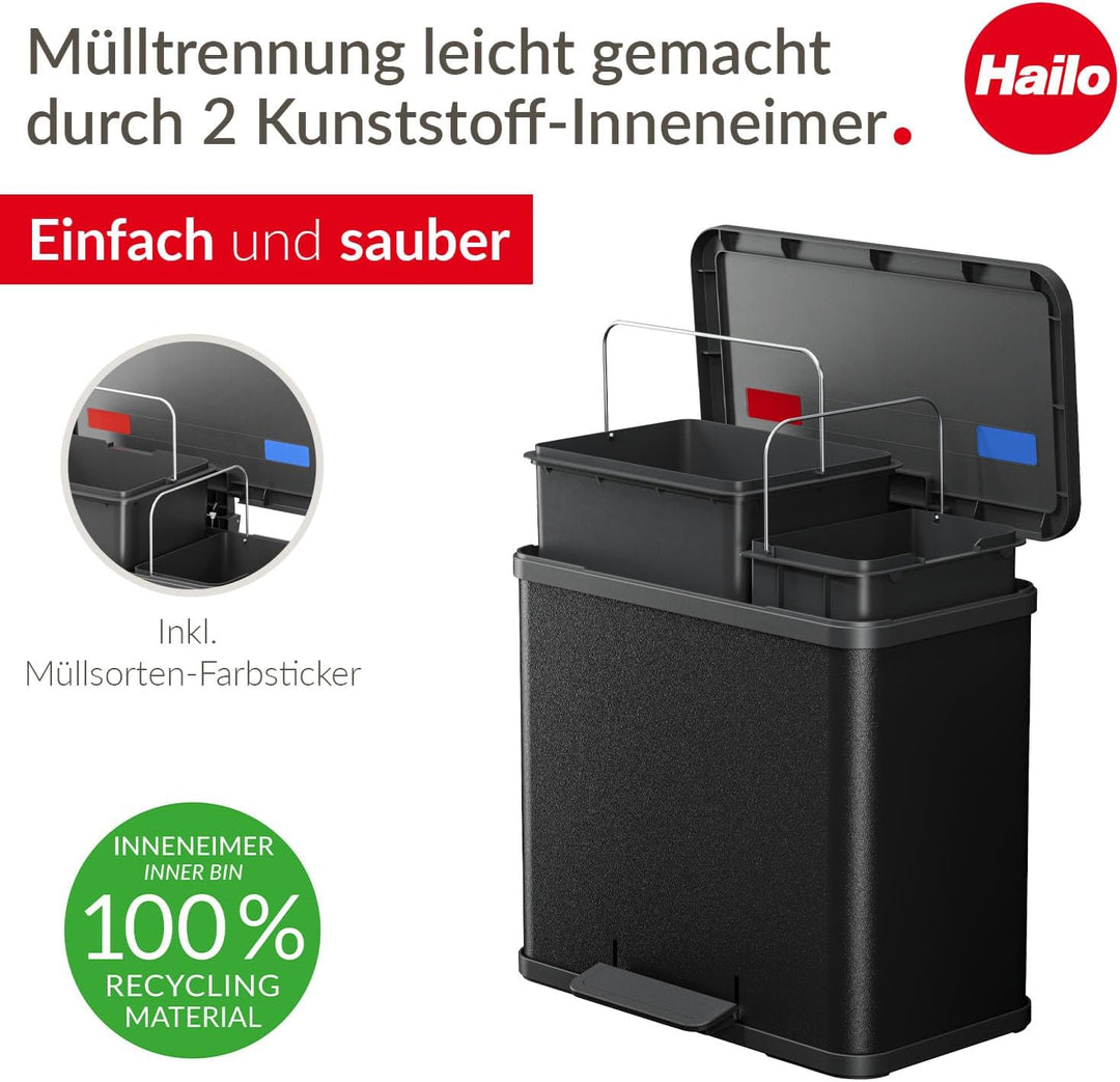 Hailo Öko duo Plus L Tret-Mülltrenner - freistehender 17+9 Liter Doppelmülleimer aus Stahlblech - Mü