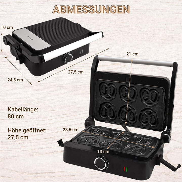 Syntrox Mini Brezel Kombigerät Multifunktionsmaker mit Wechselplatten, Kontaktgrill Edelstahl, Multi