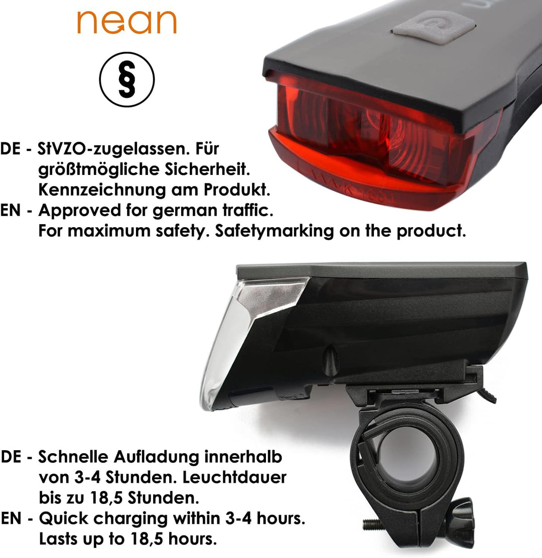 nean CREE LED Akku Fahrradlicht Beleuchtungsset mit Lichtautomatik und Bremslicht, 60 LUX, 6 cd, StV