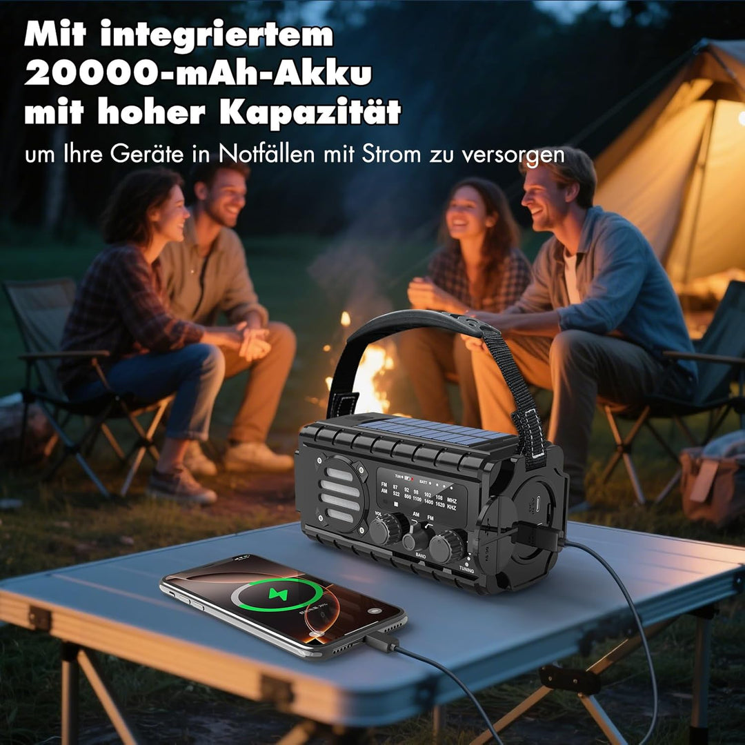 20000mAh Solar Radio, AM/FM Kurbelradio Tragbar Dynamo Wetter Notfallradio, LED Taschenlampe & Lesel