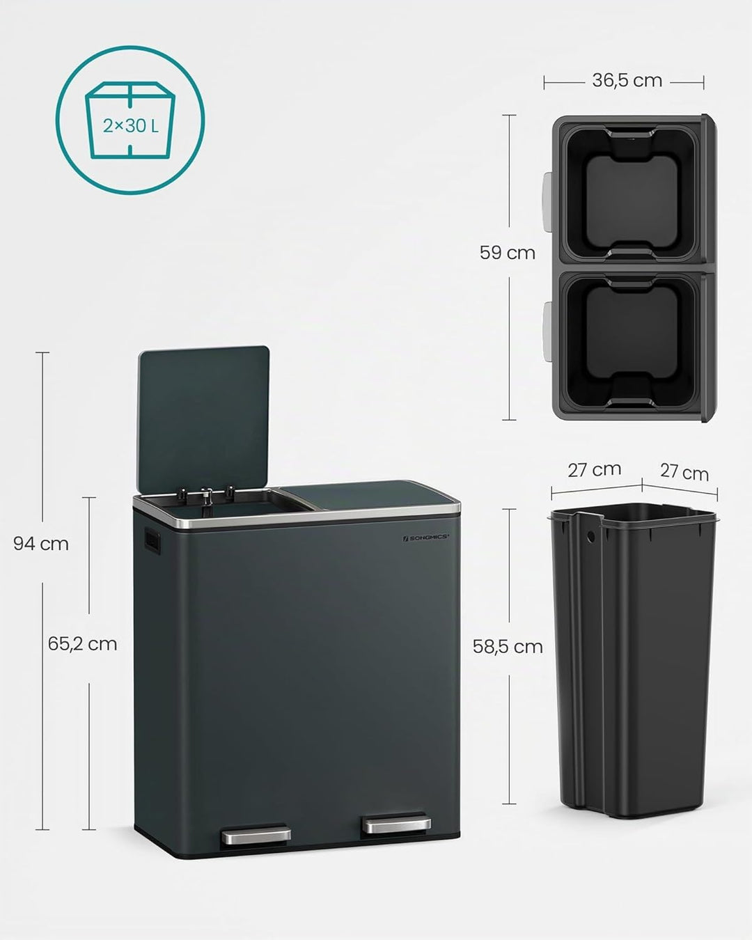 SONGMICS Mülleimer, 2 x 30 L, 2 Fächer, Mülltrennsystem, Treteimer, Abfalleimer Küche, 15 Müllsäcke,