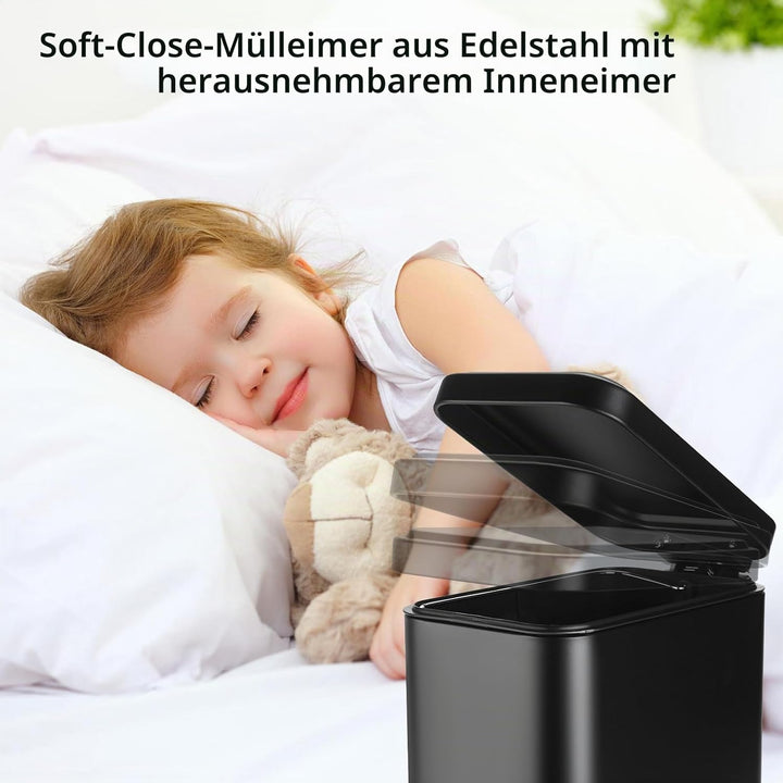 GAHEFY Badezimmer Accessoires Set 5-teilig – Edelstahl Mülleimer 5L mit Soft-Close Deckel, WC Bürste