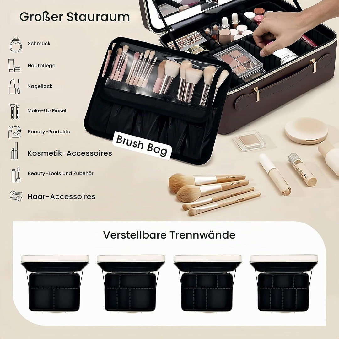 Leder-Kosmetiktasche mit LED-beleuchtetem Spiegel Reise-Kosmetikkoffer Einstellbare Helligkeit in 3