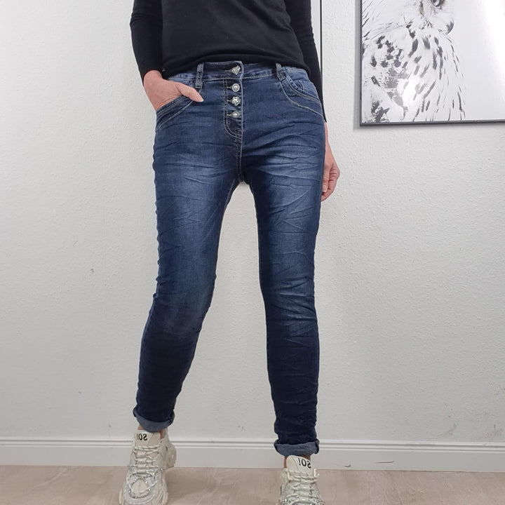 Jewelly Damen Boyfriend Stretch Jeans| Denim Hose für Frauen| 5-Pocket Bagggy Pants S Nice Buttons,