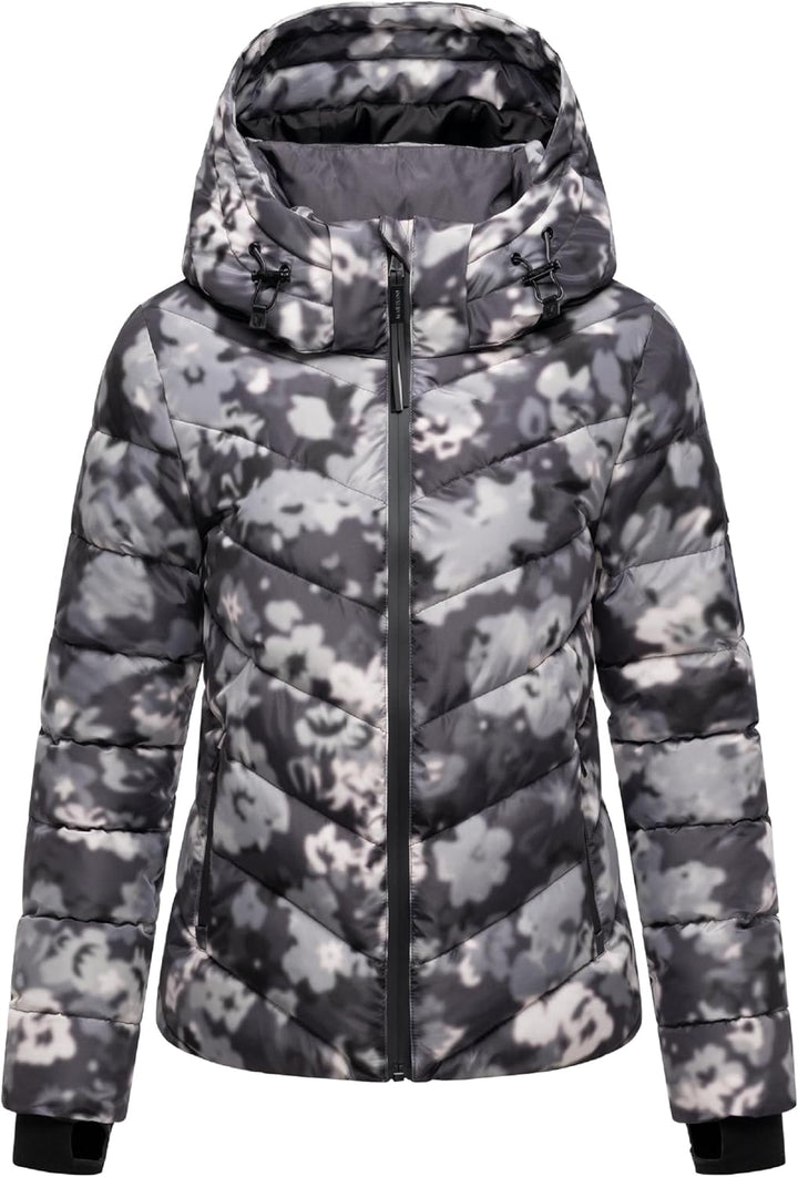MARIKOO Damen Winterjacke warme Steppjacke mit abnehmbarer Kapuze Samuiaa XVI XS-3XL XS Dark Flower,
