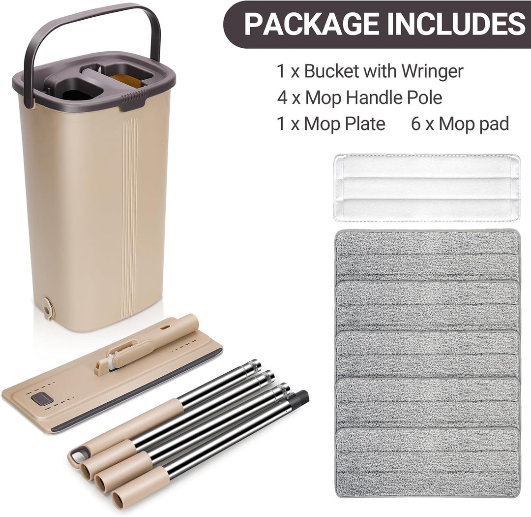 MASTERTOP Wischmopp Set und Putzeimer, Bodenwischer mit 6 Mikrofaser-Pads, Selbstreinigend Flach Mop