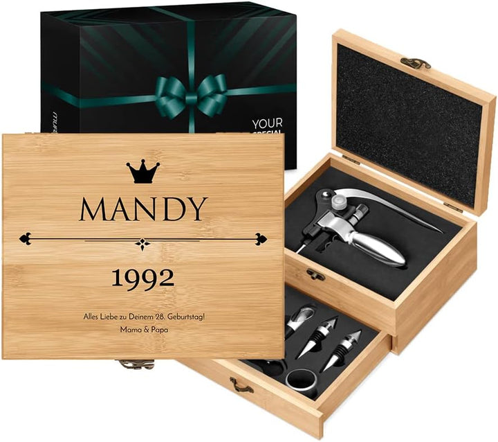 Maverton Weinöffner-Set personalisiert Weinset Sommelier Set - Geschenkbox Holzbox + 8er Weinzubehör