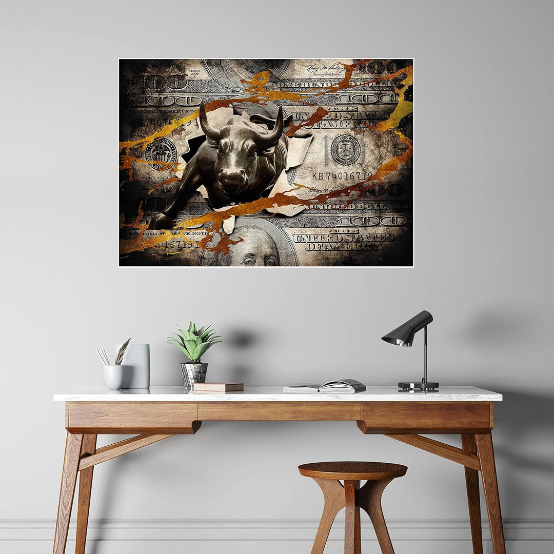 wandmotiv24 Poster als Wanddeko, Grösse Din A1, Stier stürmt durch Geldschein, Dollar, Geld, Tier, M