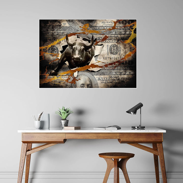 wandmotiv24 Poster als Wanddeko, Grösse Din A1, Stier stürmt durch Geldschein, Dollar, Geld, Tier, M