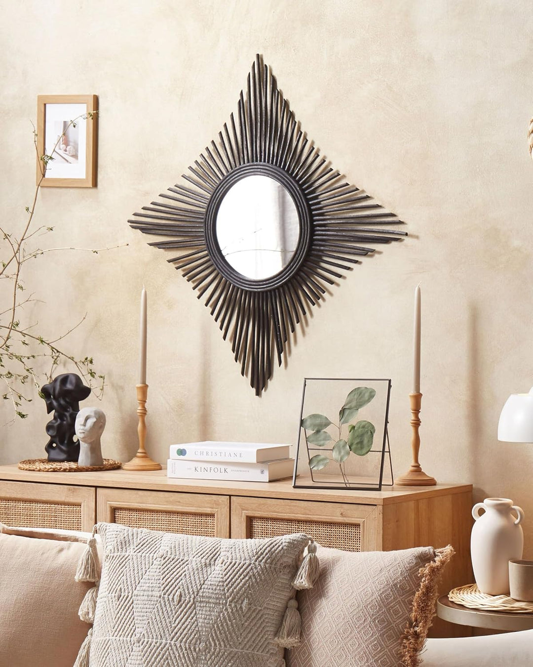 Wandspiegel schwarz aus Rattan dekorativ Rautenform Boho Modern 60x60 cm Majene