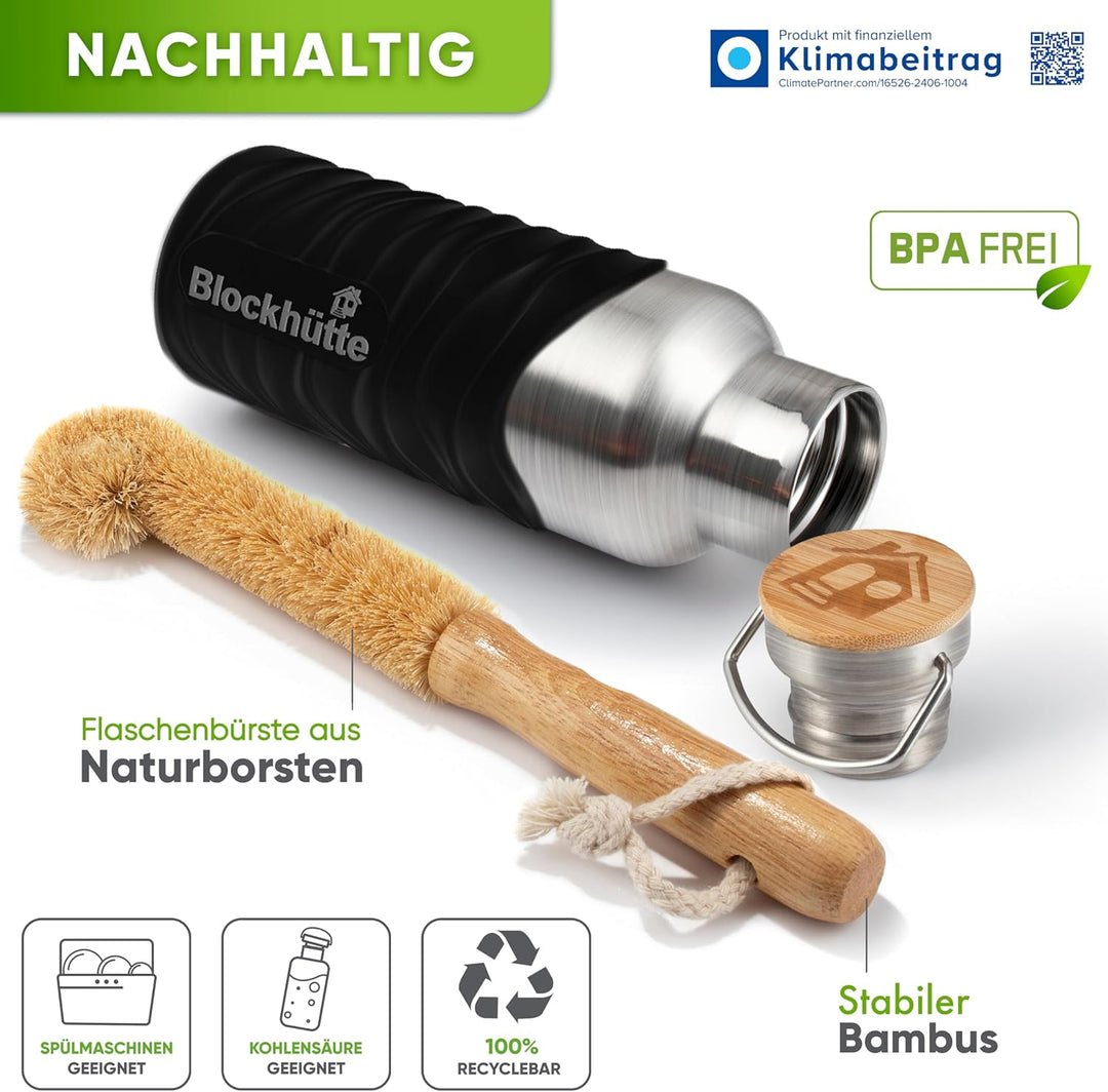 Blockhütte Edelstahl Trinkflasche 750ml I Wasserflasche Kohlensäure geeignet I Auslaufsicher, BPA-Fr