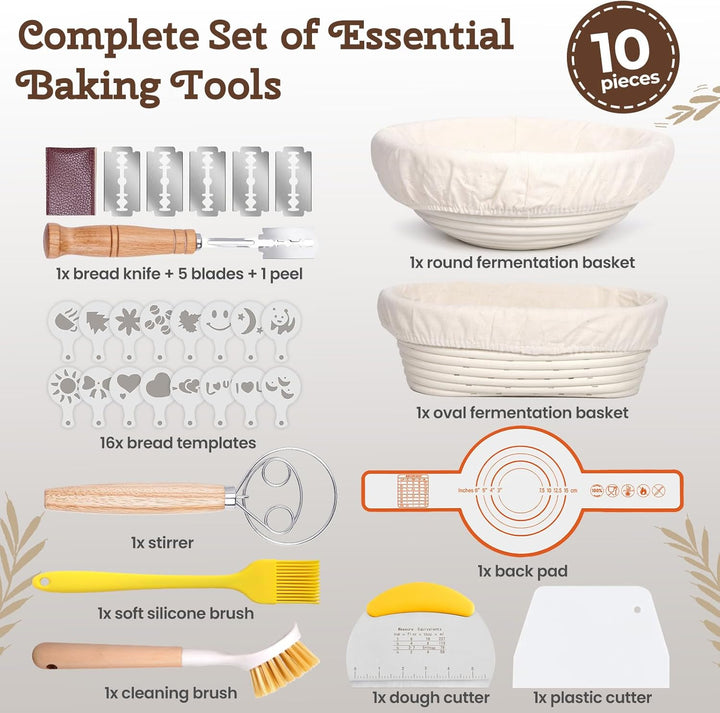 Gärkorb Brot Set, 10-teilig Sauerteig Starter Set, Gärkörbchen zum Brotbacken, 25cm Runde+23cm Ovale