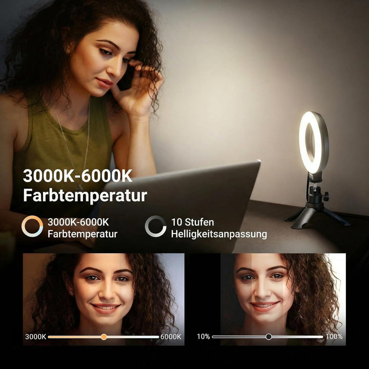 NEEWER BASICS 5" Ringlicht mit Klemme und Mini Stativ, 10W 3000k-6000K Dimmbares Ansteckleuchte für