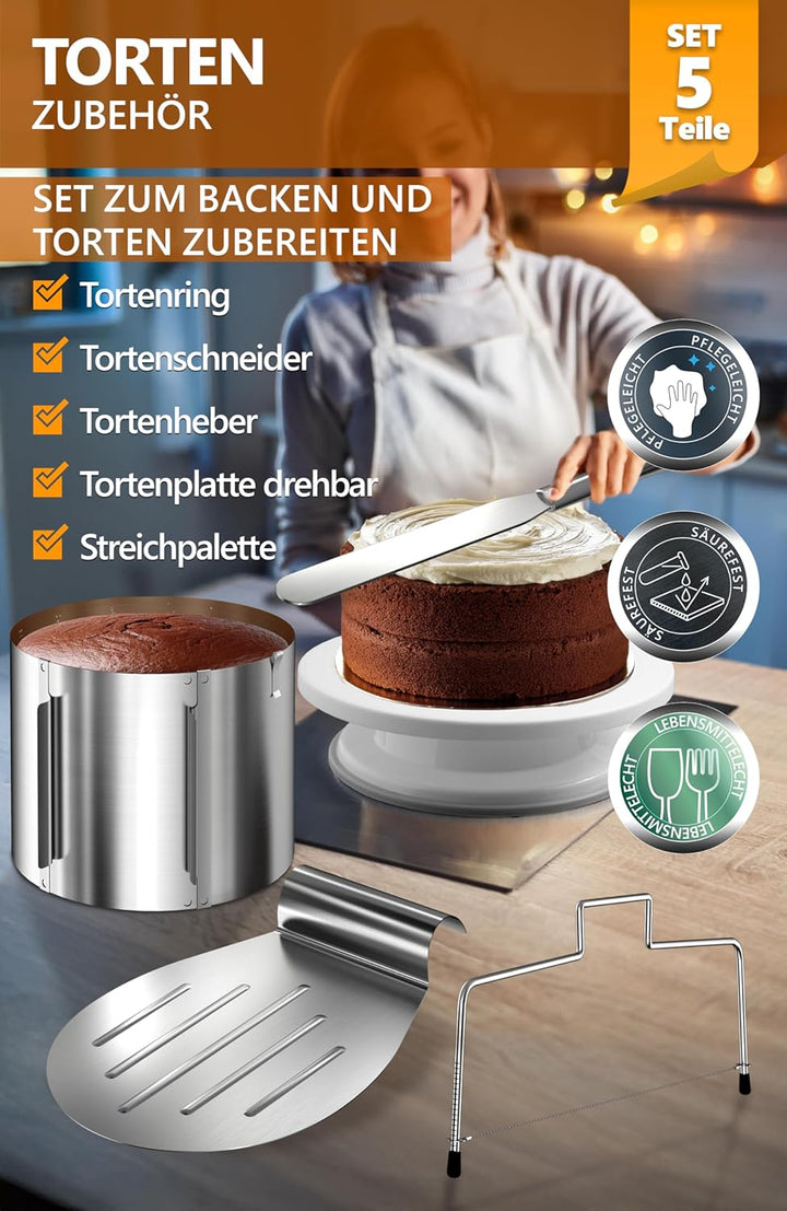 4smile Torten-Zubehör-Set 5 Teile - Tortenring verstellbar hoch 20 cm + Tortenschneider + Tortenhebe