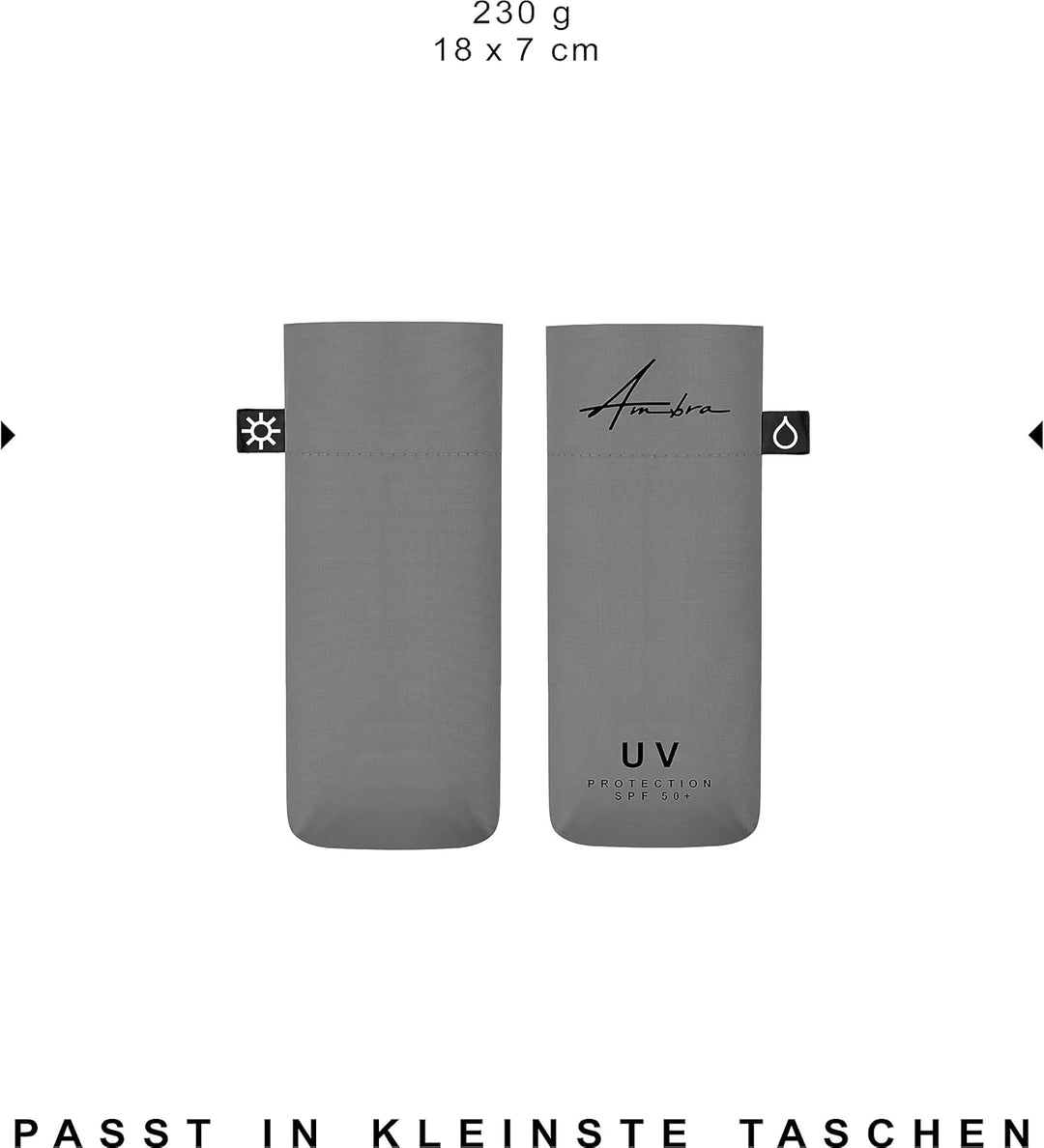 Ambra UV: Regenschirm mit UV-Schutz. Windfester Mini-Taschenschirm für Regen und Sonne. 220 g 18 x 5